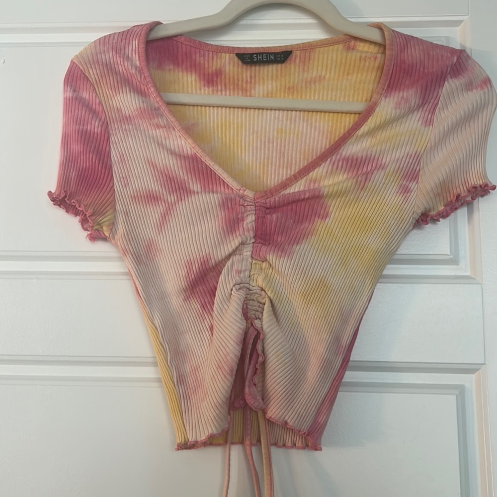 Medium pink and yellow tie dye crop top